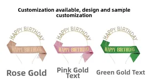 Three sets of Happy Birthday tiaras and glitter sashes in rose gold, pink and green