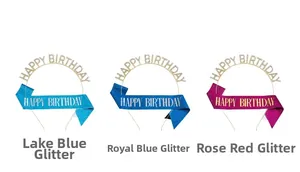 Set of glitter birthday headbands and sashes in blue and rose pink for party decor