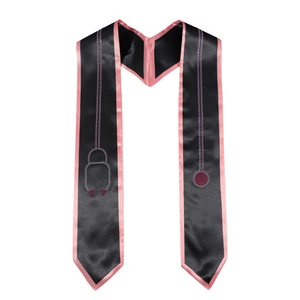 Black graduation stole with pink trim and rhinestone stethoscope patterns for nursing students