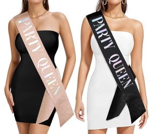 Detail view of rose gold and black glitter Party Queen sashes with holographic lettering