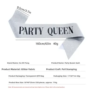 Silver glitter Party Queen sash with gold lettering, 160x9.5cm dimensions detail