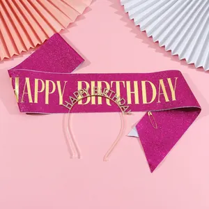 Pink glitter Happy Birthday sash and gold rhinestone headband set for party hair accessories