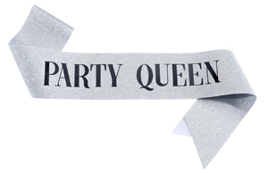 Detailed macro view of silver glitter fabric Party Queen sash with black serif lettering