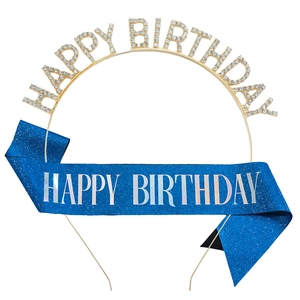 Golden rhinestone Happy Birthday crown and blue glitter sash party accessory set