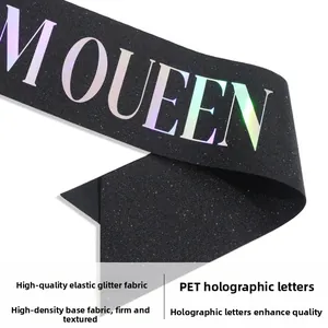 Detail of Prom Queen sash with iridescent PET letters on black glitter elastic fabric
