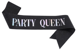 Close-up of black glitter Party Queen sash with holographic lettering on white background
