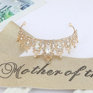 Golden crystal crown with Mother of the Year champagne sequin sash gift set