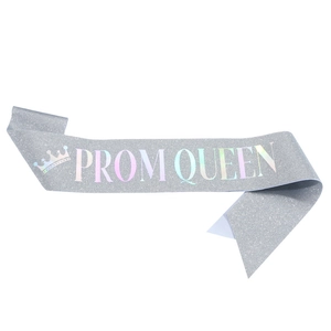 Silver glitter Prom Queen sash with iridescent laser lettering for party events