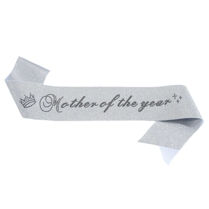 Silver glitter Mother of the Year sash with black text and crown for party celebration