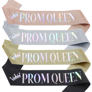 Prom Queen Sash Glitter Fabric Iridescent Letters Crown Graduation Party Etiquette Belt Accessory For Women Girls Celebration