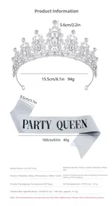 Detail showing dimensions of rhinestone crown and Party Queen sash with gold glitter finish