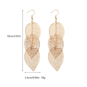 Gold hollow leaf dangle earrings in Baroque style, 10cm long with delicate mesh texture