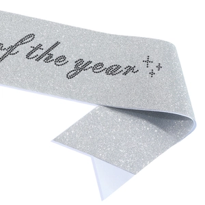 Sparkling silver Mother of the Year sash with black rhinestones for party celebrations