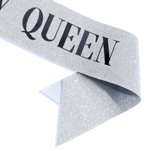 Sparkling silver Party Queen sash made of glitter fabric for bachelorette party events