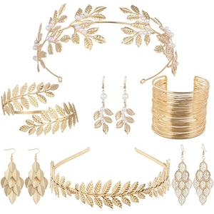 Baroque Greek Goddess Leaf Shape Bridal Accessories Gold Metallic Headband Earrings Armband Bracelet Artificial Pearl Decor