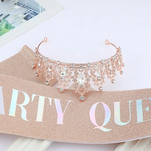 Elegant rose gold Party Queen crown set with crystals and vine filigree for birthday celebrations