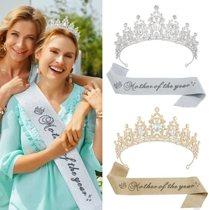 Ensemble Diadème Couronne Et Écharpe Mother Of The Year En Alliage Strass Pour Fête Des Mères Anniversaire Cadeau Or Argent