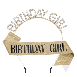 Golden Birthday Girl rhinestone headband and glitter sash set with pin for party décor