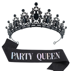 Party Queen set with black rhinestone crown and glitter sash on white background