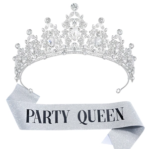 Silver crystal crown and Party Queen sash set for elegant women birthday party events