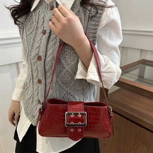 Retro deep red crocodile-embossed patent leather shoulder bag with large silver buckle