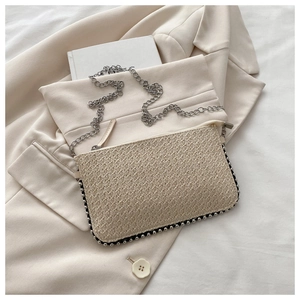 Detail of a beige woven crossbody bag featuring silver bead trim and a sleek chain strap