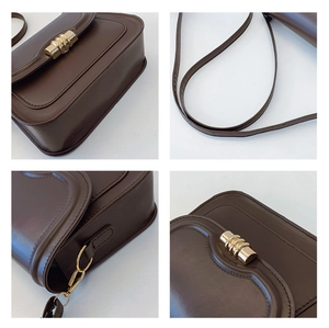 Detailed macro views of retro dark brown leather crossbody bag with gold metal buckle
