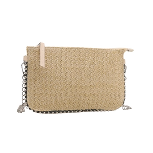 Beige woven crossbody bag with silver bead chain trim and leather zipper puller