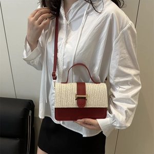 Chic woven patchwork crossbody bag in burgundy and cream white with gold H-buckle