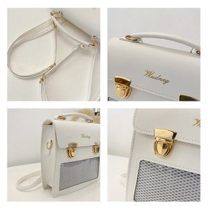 Detail shots of white leather backpack with golden locks and honeycomb mesh texture