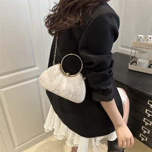 Elegant pearl white floral jacquard evening bag with golden ring handle and chain