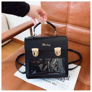 Detail of black leather bag with transparent window, gold buckles and brand logo