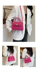 Detailed views of fuchsia square handbag with gold swivel lock and top handle