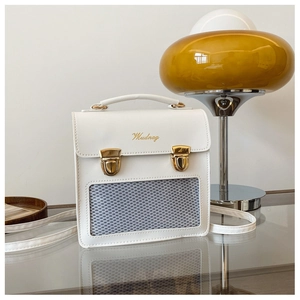 Close-up of a white retro square bag with gold hardware and grey mesh window detail