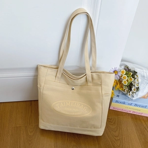 Women Large Capacity Canvas Tote Bag Casual Artistic Letter Print Shoulder Bag Simple Commuter Handbag With External Pocket