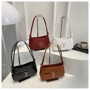 Collection of minimalist leather shoulder bags in black, burgundy, white, and brown