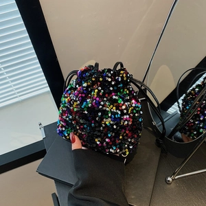 Sac Seau à Cordon en Paillettes pour Femmes Sac à Bandoulière Chic en PU Brillant Pochette de Soirée Tendance