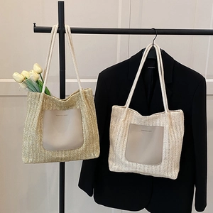 Summer straw tote bag with leather pocket and cotton rope handles for women