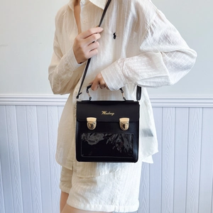Modern black square ita bag with transparent window and gold buckles shown on a model