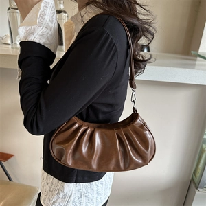 Vintage brown ruched underarm bag for women in matte faux leather with silver hardware
