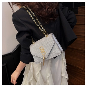 Detail of silver sequin crossbody bag featuring a gold tassel and metal chain strap