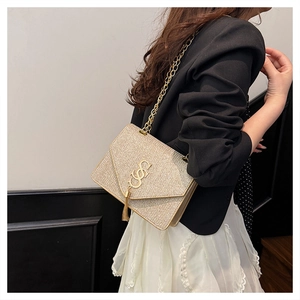 Detail of champagne gold chain bag with metallic letter ornament and fringe tassel