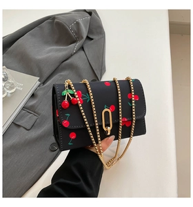 Detail of cherry print bag with gold chain strap and 3D cherry charm on a desk