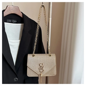 Detailed close-up of champagne gold crossbody bag with S-logo and metal tassel detail