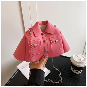 Creative pink jacket-shaped crossbody bag with metal chain and faux leather texture