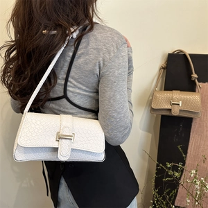 Bolso de Hombro de Cuero PU de Moda para Mujer Bolso Cruzado con Textura Tejida Hebilla de Metal Bolso Casual Diario