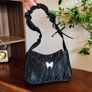 Women Ruched Underarm Bag With Metal Butterfly Decor Sweet Bow Strap PU Leather Shoulder Bag Fashion Y2K Crossbody Handbag