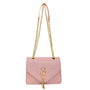 Pink glitter crossbody bag with gold S-logo and metal tassel in a rectangular design