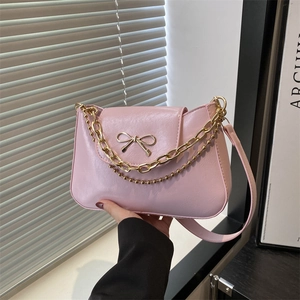 Women Fashion PU Leather Shoulder Bag With Gold Bowknot And Metal Chain Strap Solid Color Baguette Underarm Crossbody Purse
