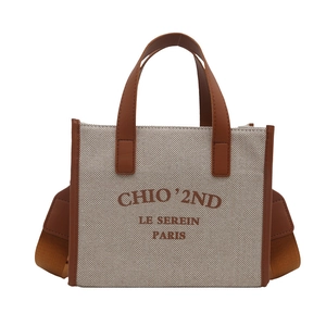Retro canvas and brown leather tote bag with CHIO'2ND logo and wide shoulder strap
